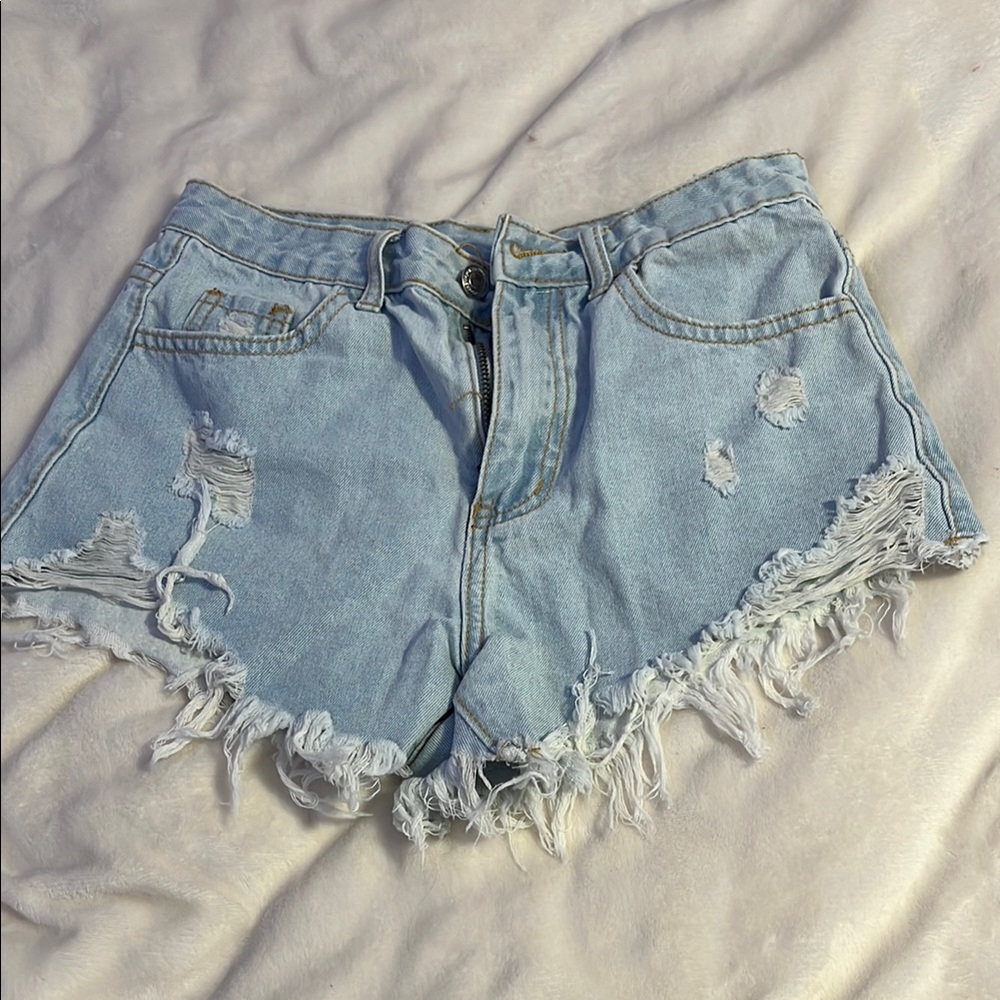 SHEIN Blue Jean Shorts with Distressed Hem